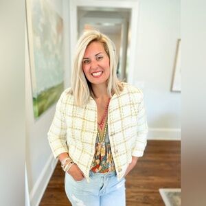 Cabi Coco Tweed Classic Cream Gold Textured Blogger Favorite Blazer Jacket